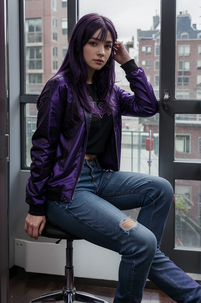a woman sitting next to a window, purple hair, purple jacket with black pattern, jeans, red shoes, glass room background, raindrops on camera