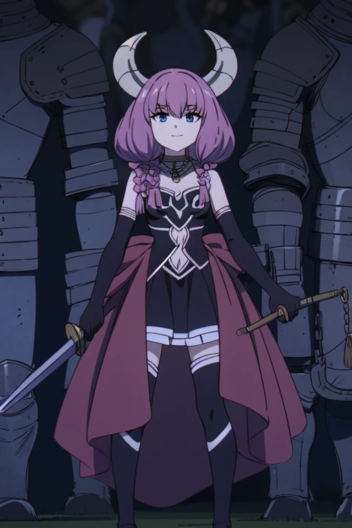 (((Best quality))),((Ultra-detailed)),((illustration)),((Disheveled hair)),((frilld)),(1 girl), 1girl,armor,bangs,grey eyes,boots,chain,closed mouth,dress,gauntlets,gloves,holding,holding sword,holding weapon,huge weapon,knight,looking at viewer,pink hair,shield,short hair,shoulder armor,smile,solo,standing,sword,thighhighs,twintails,weapon,Libra,