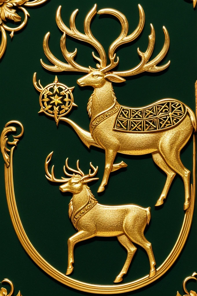 A luminous golden deer stands as the central figure in a clan logo, set against a verdant green background and accompanied by the text "The Last Human" below. This emblem represents the paramount alliance of the clan. The majestic deer shines with a radiant golden hue, its antlers branching gracefully towards the sky. The intricate details of the logo suggest a painting of exquisite quality, with the colors rich and vibrant and the overall composition striking and impactful. This emblem exudes a sense of grandeur and power, capturing the essence of unity and strength within the clan it represents.