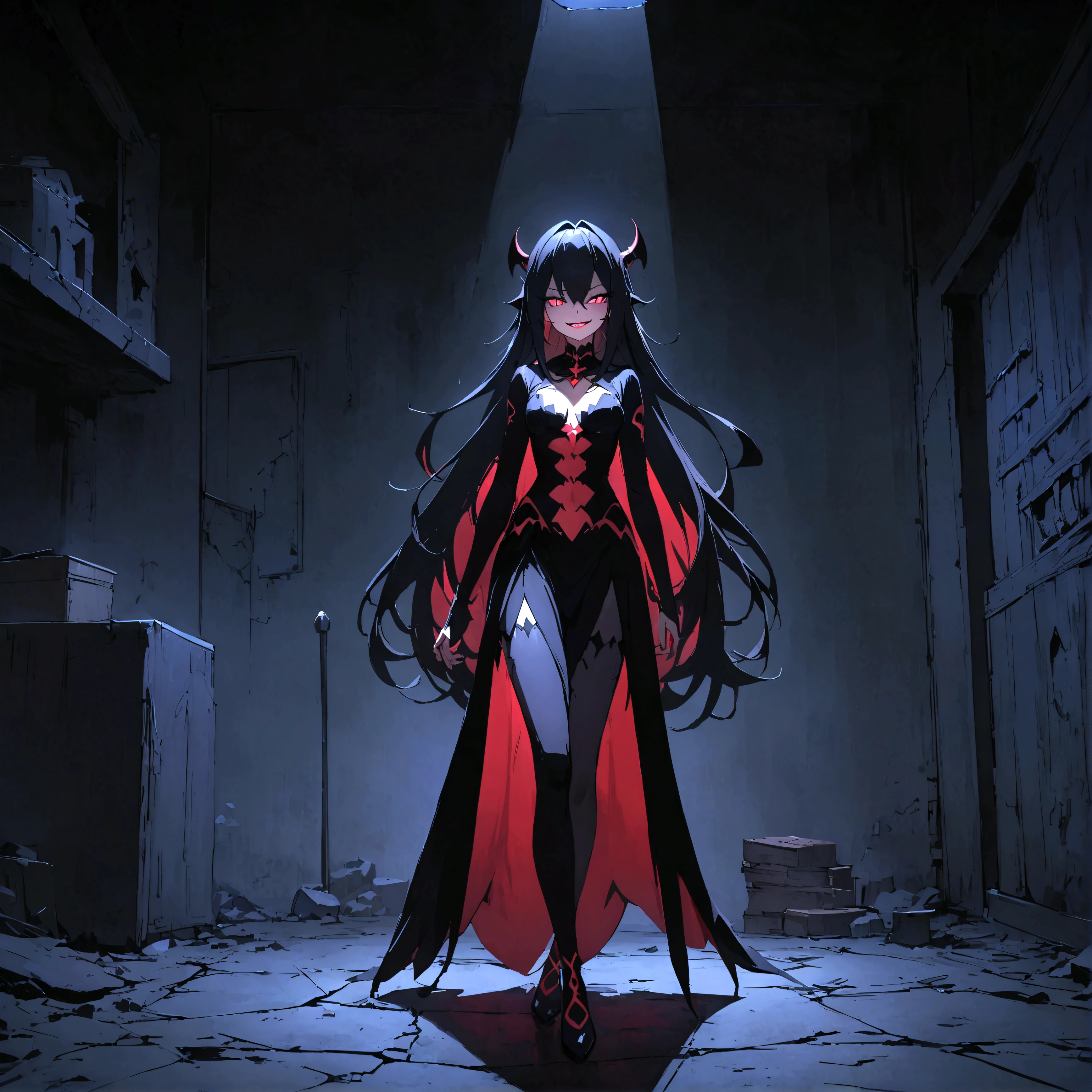 anime beautiful demon women, shark teeth, long hair, night, (standing in the dark room), eyes, wicked smile, detailes, 4k, room, full body