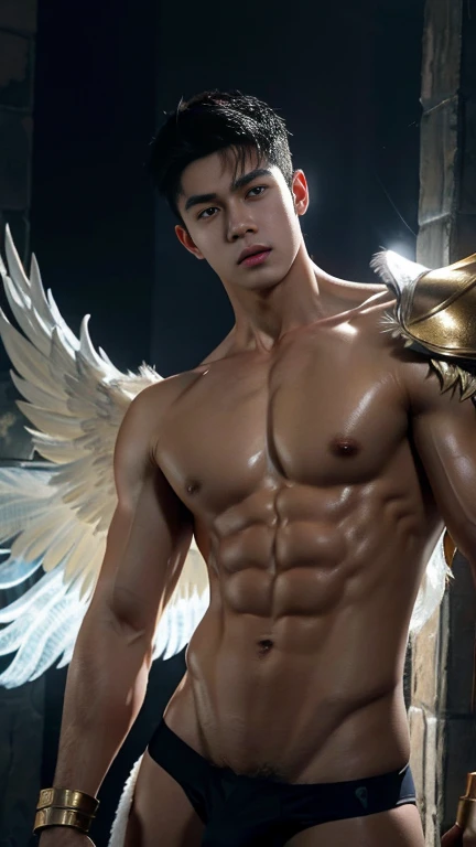 super high resolution, best quality, photo, 4k, (photorealistic: 1.4), cinematic lighting, full naked male angel with large translucent wings, expose the penis, huge penis, errected, shirtless naked muscular man, abdominal muscles dressed in medieval gold armor, detailed feathers, men angel with large translucent wings, muscular , abdominal muscles clad in medieval gold armor, detailed feathers, environment cyberpunk, snow and ice environment in the background, ice cathedral, portal of the future, 3D light, HD, magic, god of light, backlighting, detailed face, inspirited by Li Xian, Leo Wu, contrasts, smooth skin, soft hands, correct anatomy, five fingers. focus on the penis