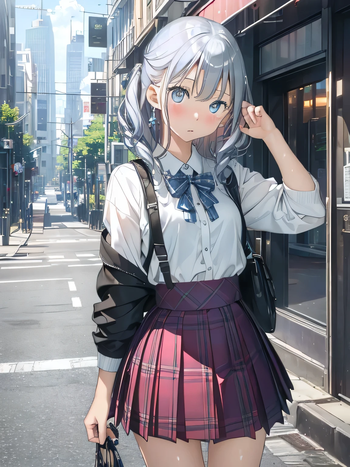 (8K、Original Photography、Top quality、masterpiece:1.2)、illustration touch、Ultra Detailed、Ultra-high resolution、Tall Girl,Silver Hair、Blue eyes、on the street、High school student、、Plaid skirt、((When the wind blows, the skirt flips up))、(White)