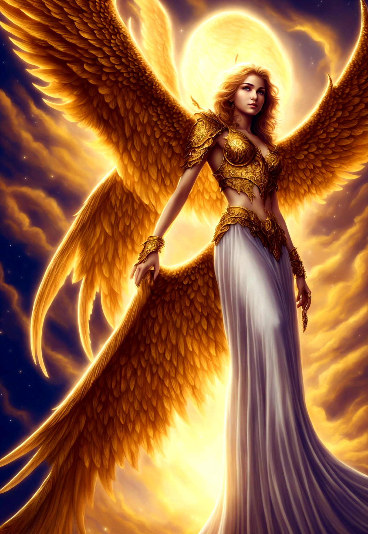 an angel with many huge wings at the entrance to heaven, beautiful colors, in a golden background, ultra realistic, fantasy style, from afar