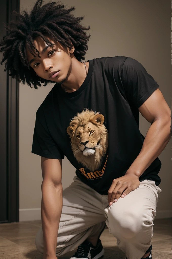 A black boy with curly hair in a black shirt with a lion on the shirt and behind the lion on the shirt Jesus Christ he crouches and Jesus Christ in front of him extending his hand to him anime style