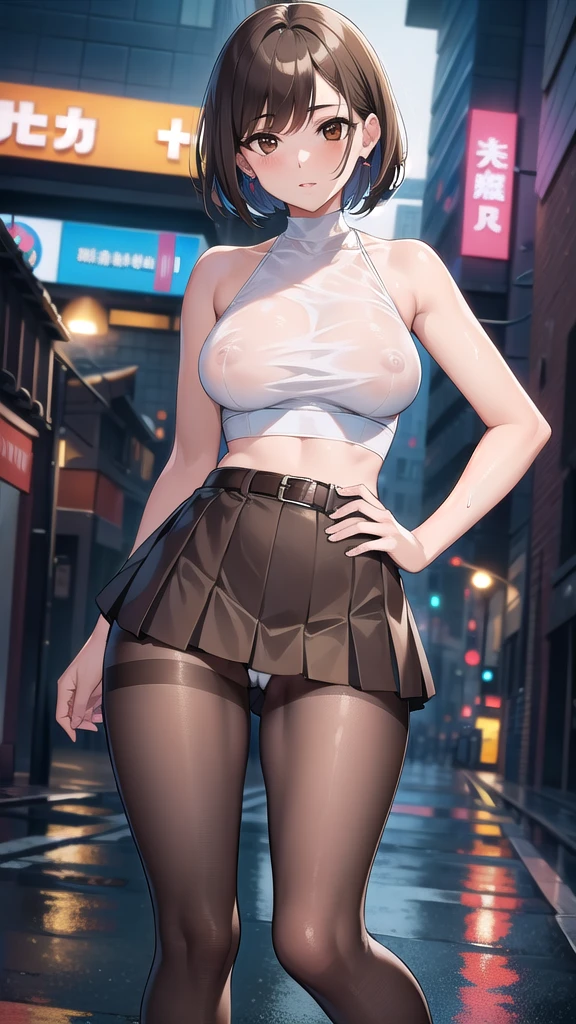 nobarakugisaki, nobara kugisaki, bob cut, (brown eyes:1.7), brown hair, lips, short hair,
BREAK belt, brown belt, brown pantyhose, crop top, crop top overhang,pantyhose, pleated skirt, shirt tucked in, skirt, blue skirt, white crop top,wet top,skinny fit,
BREAK looking at viewer,in street,night,neon lights,cyberpunk,wet road,reflections,
BREAK (masterpiece:1.2), best quality, high resolution, unity 8k wallpaper, (illustration:0.8), (beautiful detailed eyes:1.6), extremely detailed face, perfect lighting, extremely detailed CG, (perfect hands, perfect anatomy),full body,bend over,nipples see through,upskirt,panties,showing panties,