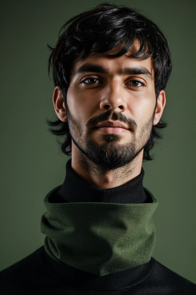 realistic portrait of a young man with shaggy black hair and a sparse beard just on his chin. He has a serious expression and is wearing a bandage on his nose.. He wears a white turtleneck and a black coat.. The background is light green with scattered black details.