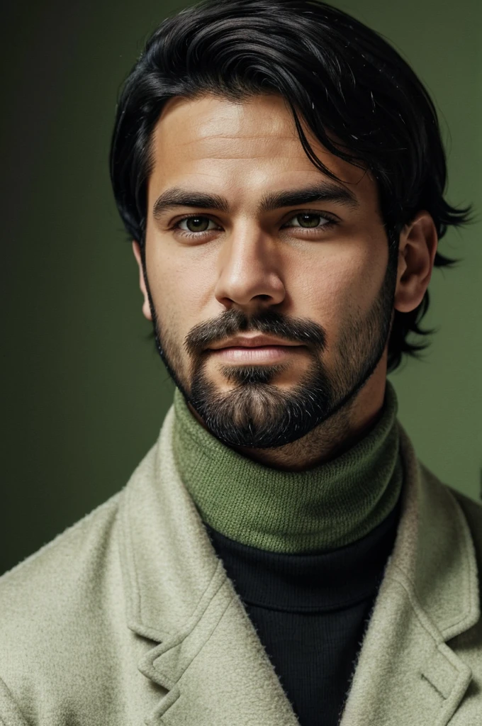 realistic portrait of a young man with shaggy black hair and a sparse beard just on his chin. He has a serious expression and is wearing a bandage on his nose.. He wears a white turtleneck and a black coat.. The background is light green with scattered black details.