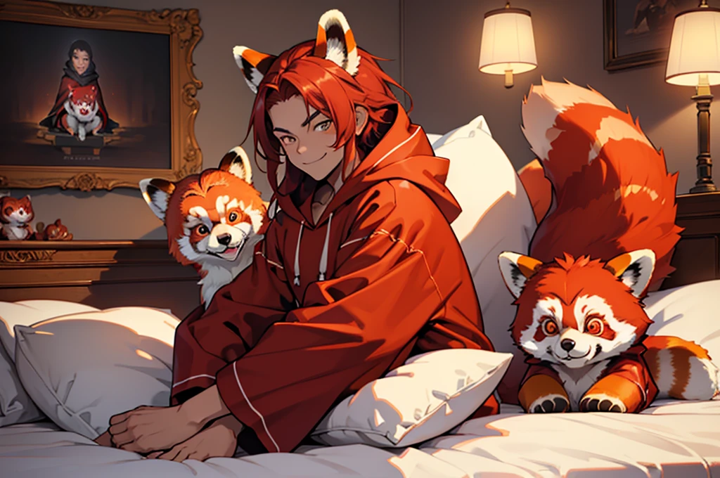 lhado eyes, perfect lighting, extensive detail, detailded, deep skin,texturized skin, ,red panda costume,red and red bear costume , long sleeves, hooded cloak,,malva , long hair, orange eyes, Fantastic smile,on top of the bed ,sitting between pillows brown hair, (animal hooded cloak, red panda ears. , fake animal ears, texturized skin, High details, high qualiy, best quality, artwork, man wearing a red panda costume ((red panda costume style pajamas), hall, Stuffed animal, red pajamas
