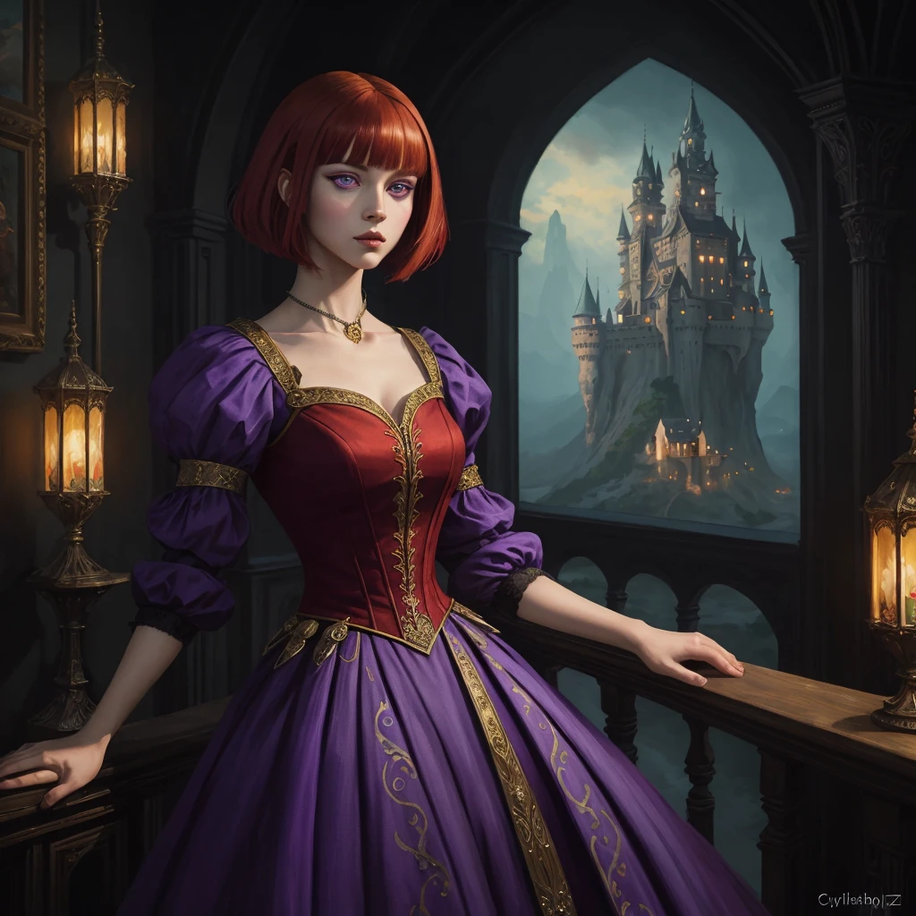 ((best quality)), ((masterpiece)), (detailed)), Woman in a red dress standing in a castle, hair in a vivid fiery red color, with blunt bangs styled hair, Fantasy art style, elegant gothic princess, a beautiful character painting, rich and deep colors by Guweiz, Cynthia Sheppard, neoartcore, and Charlie Bowater. Camera angle: Medium shot, capturing the regal and mystical ambiance of the scene, (detailed face:1.2), (purple eyes:1.2)