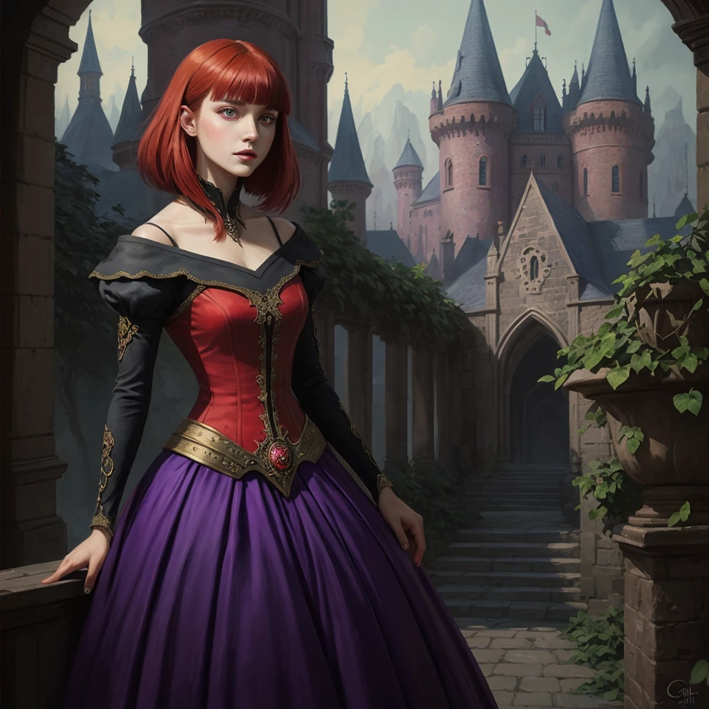 ((best quality)), ((masterpiece)), (detailed)), Woman in a red dress standing in a castle, hair in a vivid fiery red color, with blunt bangs styled hair, Fantasy art style, elegant gothic princess, a beautiful character painting, rich and deep colors by Guweiz, Cynthia Sheppard, neoartcore, and Charlie Bowater. Camera angle: Medium shot, capturing the regal and mystical ambiance of the scene, (detailed face:1.2), (purple  eyes:1.2) 