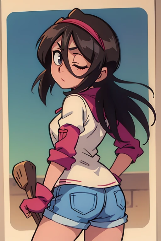 girl in booty shorts, wearing oven mittens tucked in pockets, blindfold