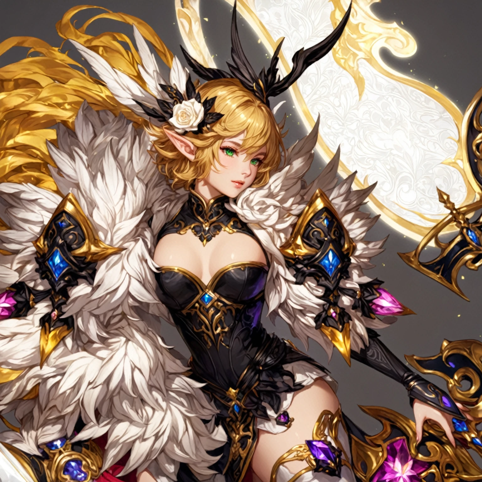 masterpiece, best quality, 1 girl, female focus, solo, Fantasy aesthetics, Highly detailed, shadowverse style. female, elf, green eyes, short hair