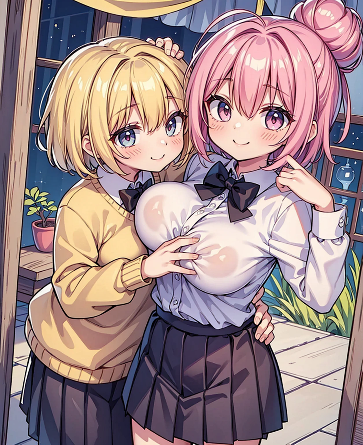 masterpiece, Highest quality, High resolution, JK,huge tit,One girl,black bow,black bowtie,Blonde,bow,bowtie,chest,Hair Bun,Hand in hand,Intertwined fingers,Long Hair,View your viewers,1人のboy,boy,hug,Pink Hair,pleated skirt,Tucked in shirt,short hair,skirt,smile,Tent shirt,breast grab