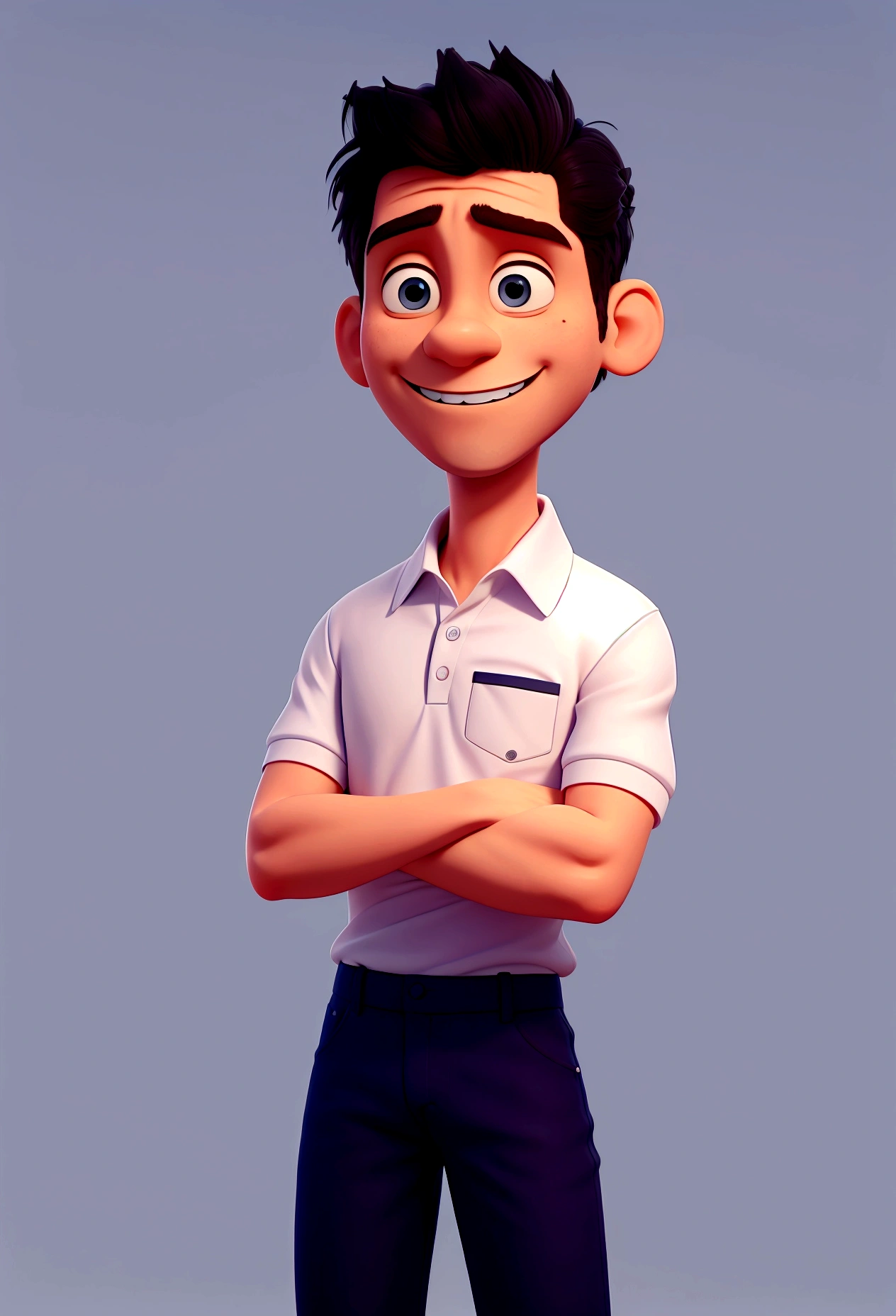 Front can man . Cartoon in white polo shirt with white collar and sleeves, plain shirt without details. jeans cerulean marinho, crossed arms, looking straight ahead and smiling with teeth slightly showing; grandes olhos negros, gray hair ,in a bright environment , 3d, logo brandM.M, cerulean, rot,