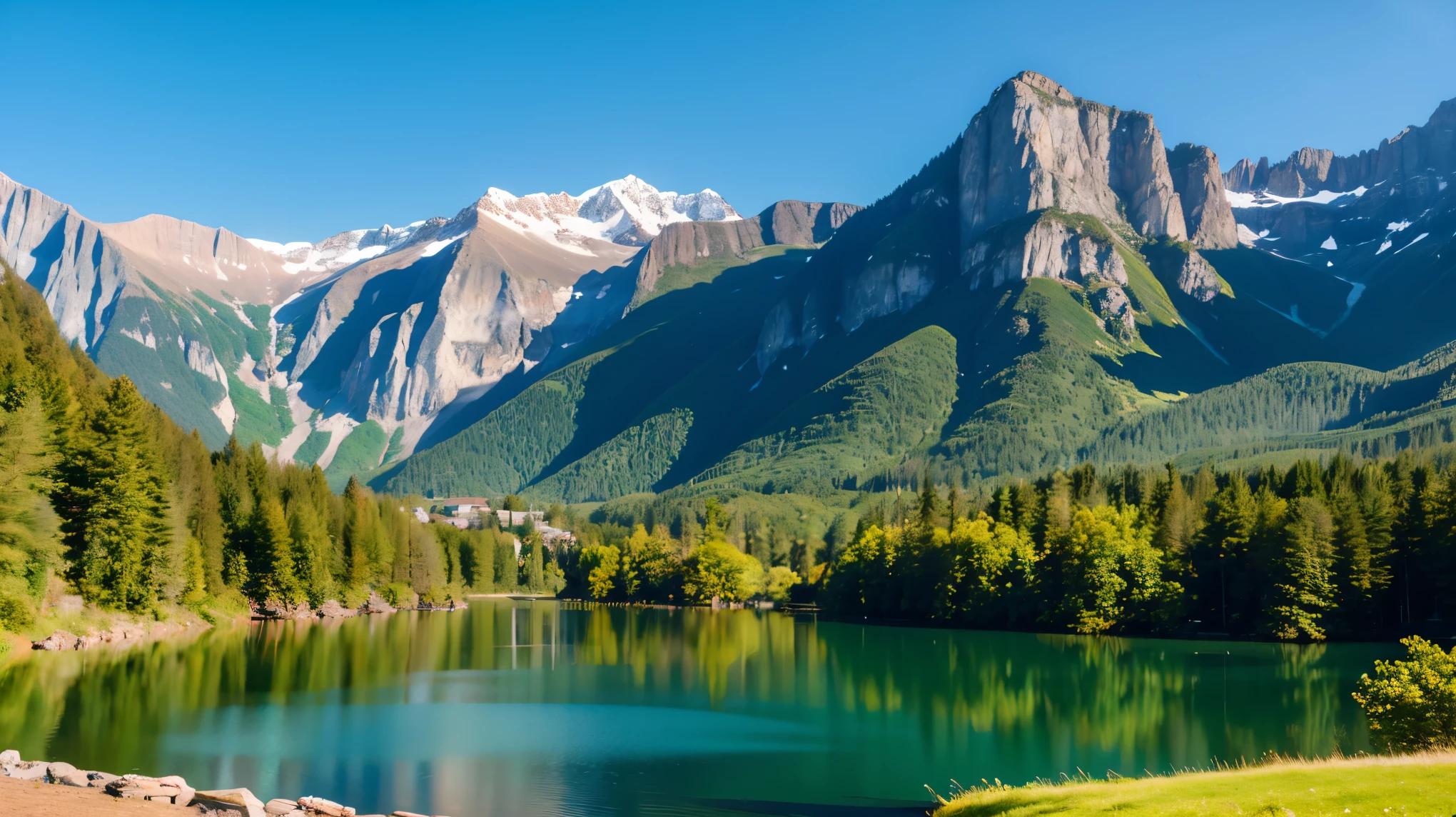 ((Highest quality)), ((masterpiece)), (detailed),  A lake surrounded by lush green mountains.