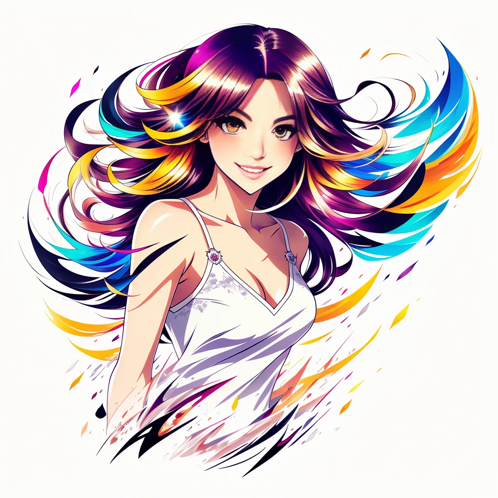 ink art, a beautiful woman with brunette hair, anime styling, listen long, smiling with style, dynamic poses, ultra colorful, White background, detaileds, cleaned up, Masterpiece artwork,