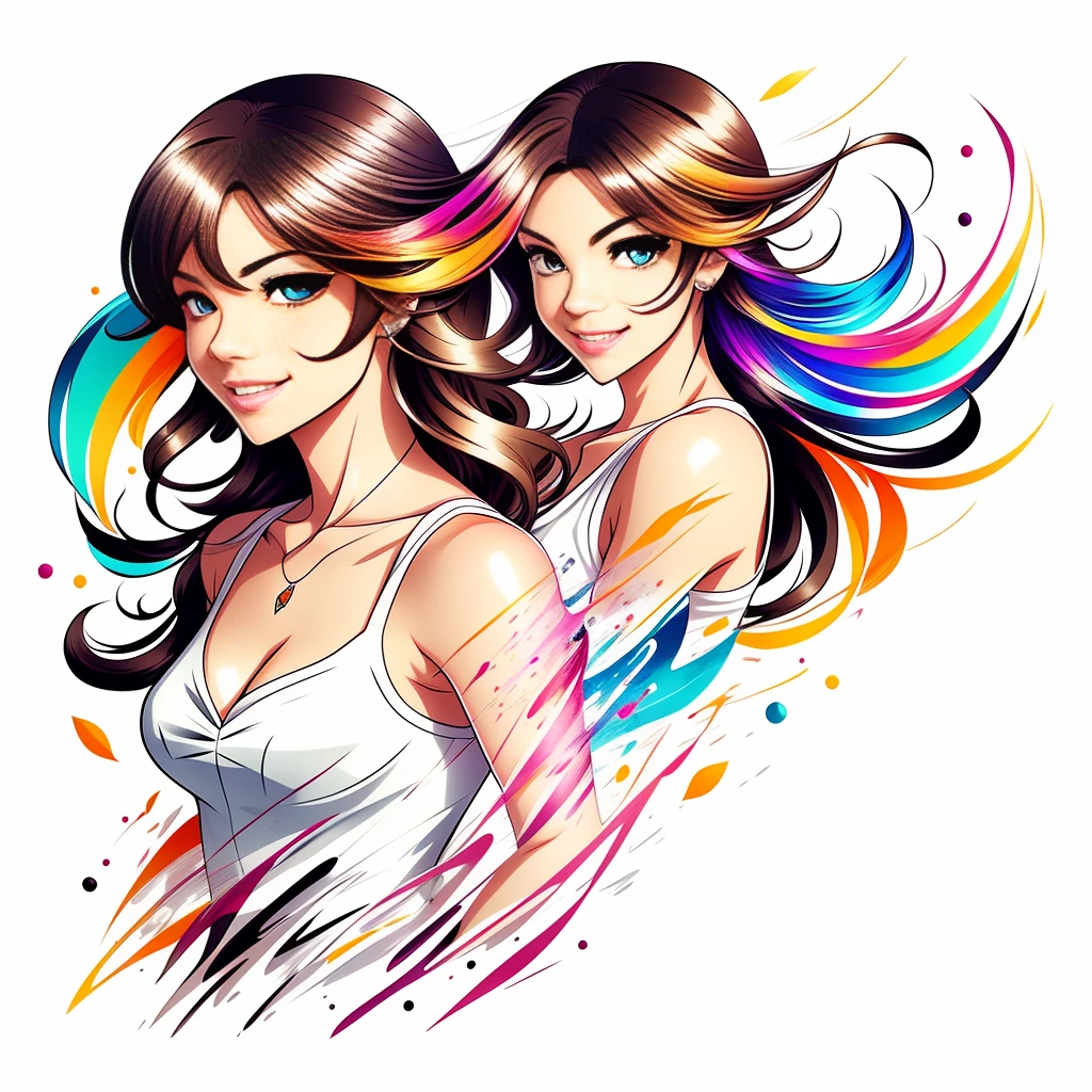 ink art, a beautiful woman with brunette hair, anime styling, listen long, smiling with style, dynamic poses, ultra colorful, White background, detaileds, cleaned up, Masterpiece artwork,