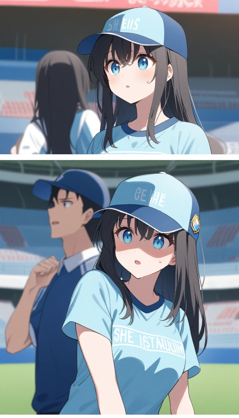 Midsummer Stadium Baseball Girl、Black Haired Girl。He is wearing a light blue baseball shirt with a summery blue and white look.、Baseball Cap、Vision、Visionのスタジアム、