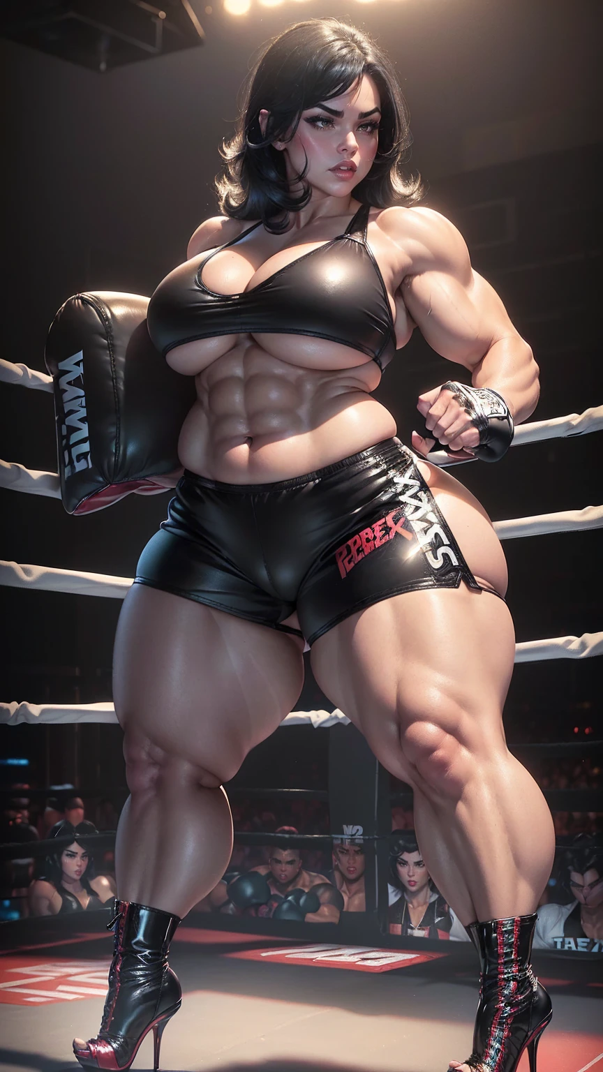 Beautiful chic Caucasian bombshell, sexy attractive face, ((black boxing shorts:1.3)), ((sexy boxing shorts:1.3)), ((stiletto-heeled boxing boots:1.3)), ((jet-black hair)), ((thick muscular legs:1.5)),