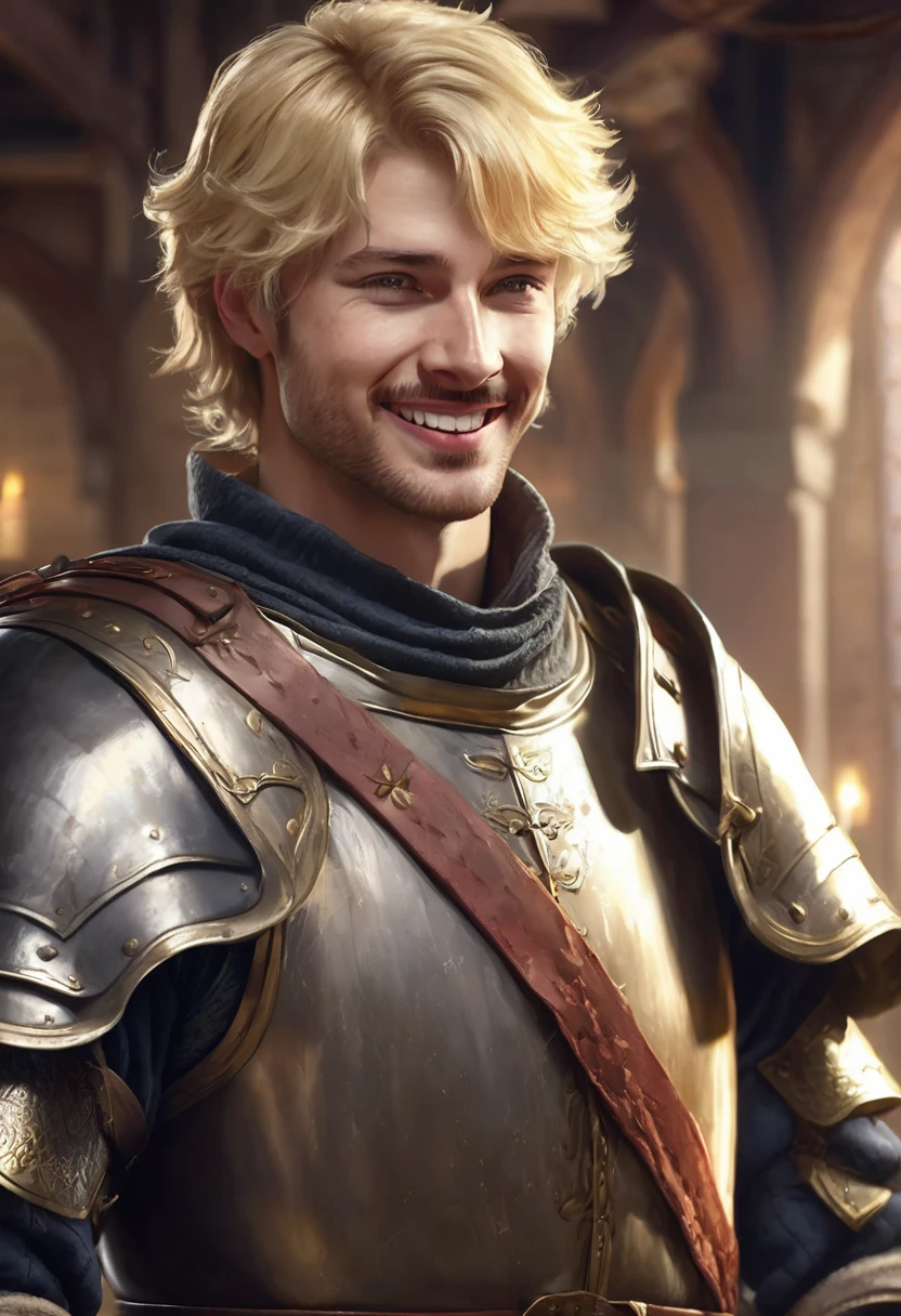 1 man, inside a training room, wearing medieval soldier clothing, defined body, detailed facial features, light eyes, detailed fair skin, short messy mustard blonde hair, laughing expression, dramatic lighting, cinematic composition, warm color palette, atmospheric fog, handsome face, thin chin, handsome man with delicate face (best quality, 4K, 8K, high resolution, art: 1,2), ultra-detailed, (realistic, photorealistic, photorealistic: 1, 37)