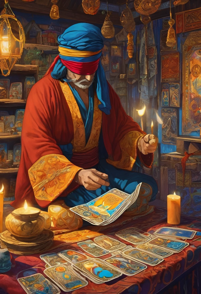 (masterpiece, best quaility, High detail, vivid colors:1.2), A blindfolded astrologer reading fortune with tarot cards, (1man), Alone, (blindfolded) anime screencap, Pov, the background is the interior of a gypsy store
