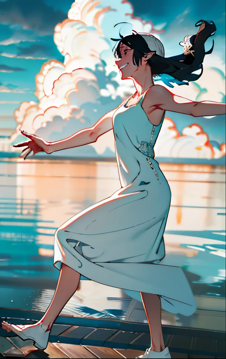 masterpiece, Highest quality, High Definition, High Resolution, single, alone, blue sky、Cumulonimbus、profile、Long Hair、Black Hair、fatigue、smile、Smile、Bitter smile、Small beautiful breasts、Uplifting、White Dress、Dancing、Cleavage, Bouncing、Sweaty, Dance、drenched,Dynamic Posing、 Drops running down my feet, Extra inseam, Three-dimensional feeling of body parts, Realistic skin texture, White skin, Drizzling