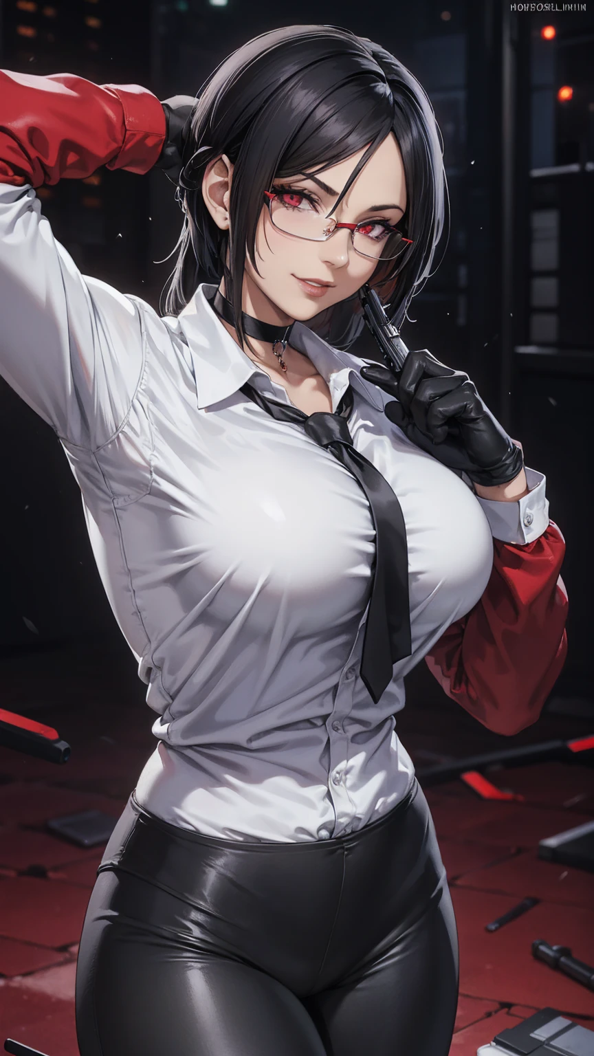 1 woman, standing, with seductive expression, loving smile, view from front, detailed eyes, pose sexy, big breasts, long black hair, his super detailed glowing eyes, Full lips painted red, chiseled physique and wide hips.  glasses, choker:1.6, (long sleeve white collar buttoned shirt), black gloves covering your hands, holding a gun with the right hand, (shiny black leggings), Walking in a dark alley at night, This image oozes realism., capturing the essence of a fragile figure. digital art, photorealistic and high definition technique