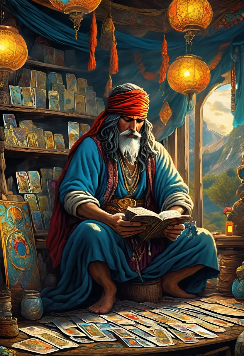 (masterpiece, best quaility, high detail, beautiful and delicated eyes and face, vivid colors:1.2), Un astrologo leyendo la fortuna con cartas del tarot, 1man, solo, anime screencap, pov, el fondo es el interior de una tienda gitana