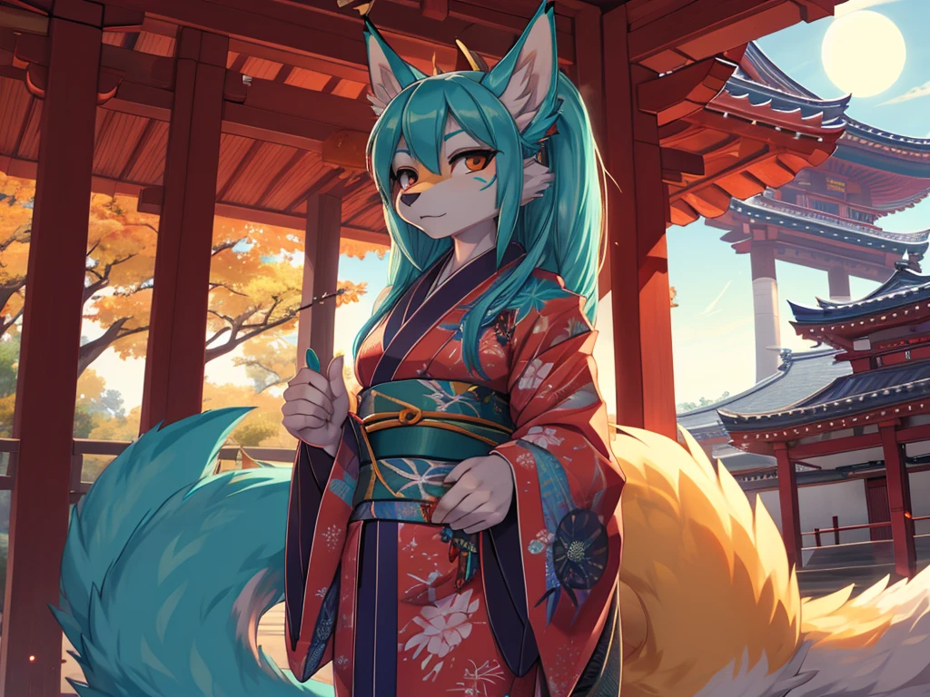 Miku Hatsune, add high definition_detail:1, blue fur,kitsune ears, tribal tattoo add_detail:1 Japanese peincessa kimono, paradisiatic shrine, eclipse solar add_details:1