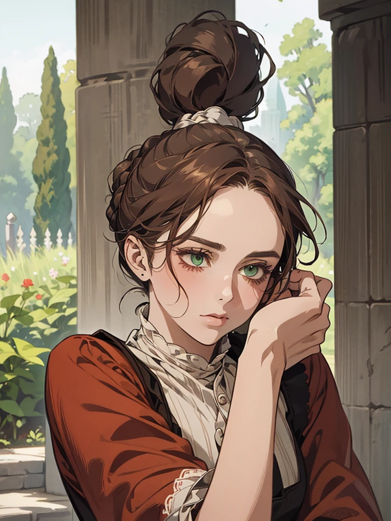 one, digital painting of a woman with her hair tied up in a bun, green eyes, young peasant woman from the 1800s , Soft Features, dark red dress, in the garden, PORTRAIT STYLE, looking away, ((crook in the nose, long aquiline nose))