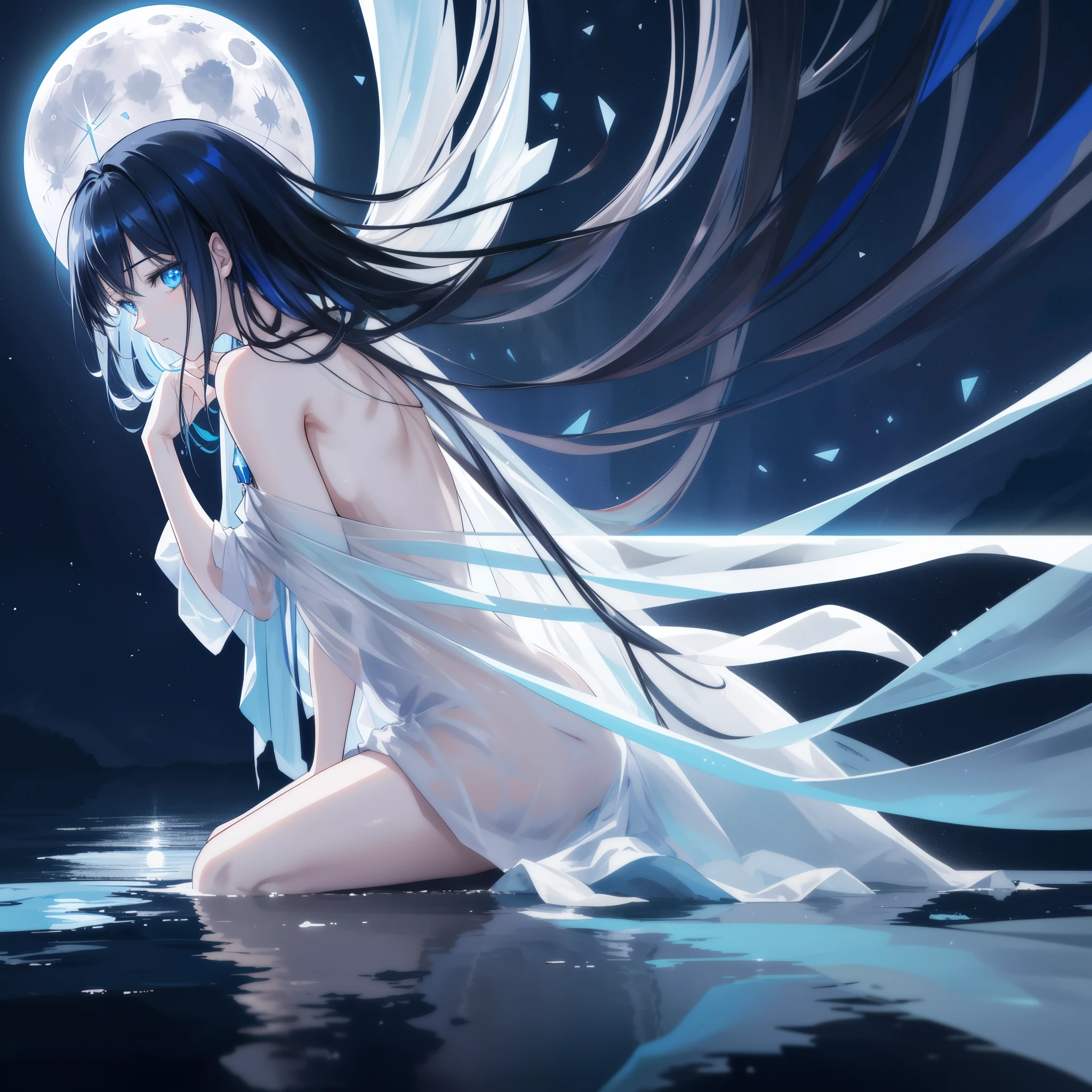 ((A long shot)) of a black-haired anime teen girl, ((sitting in a river)), ((strong moonlight)), cinematic light, slim body, skin is perfectly healthy, soft, and smooth, Extremely delicate and beautiful CG illustration, best quality, high resolution, dynamic angle, full-length lens, (1 girl), floating, (soft light, high-key lighting), glowing light, blue halo, blue crystal, ((very cinematic)), ((half naked))