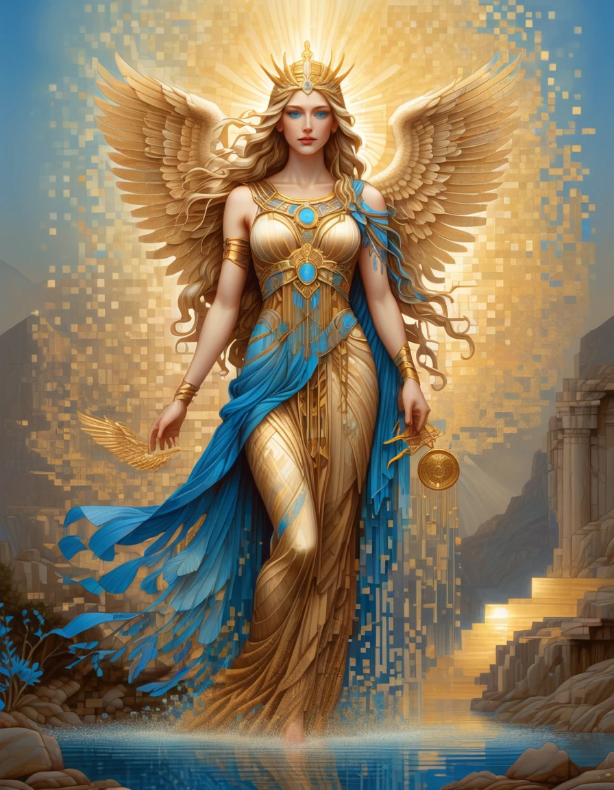 Pixel Art，Amanda Sage (Amanda Sage) style of, Beautiful details，Beautiful goddess Athena in dissolving pixels with blue gradient color，（whole body），Abnormally beautiful blue eyes，Gradually decompose，Golden sunlight shines in，Partial reflection in water，