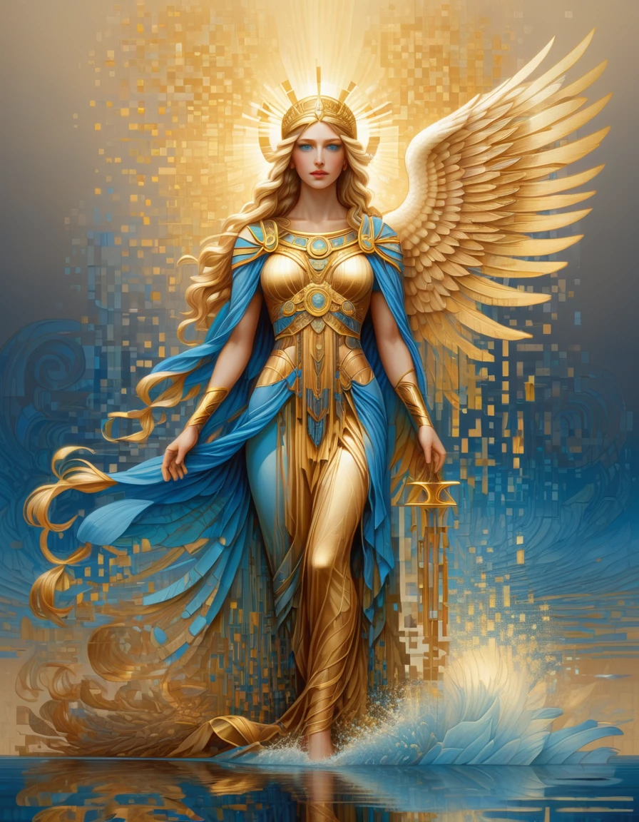 Pixel Art,Amanda Sage (Amanda Sage) style of, Beautiful details,Beautiful goddess Athena in dissolving pixels with blue gradient color,(whole body),Abnormally beautiful blue eyes,Gradually decompose,Golden sunlight shines in,Partial reflection in water,