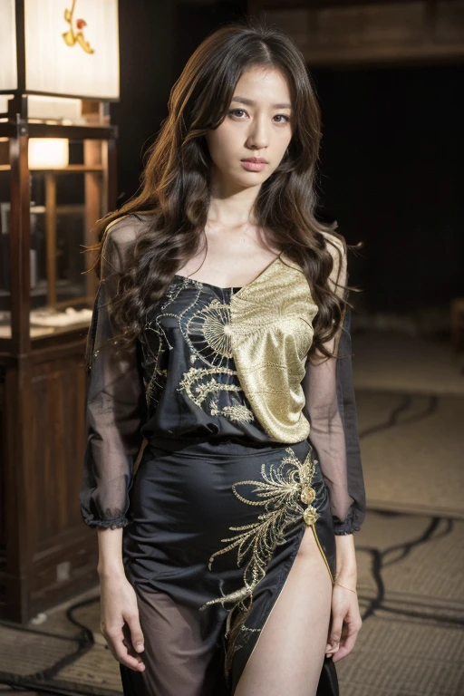 Tokyo，Night view，tense atmosphere， (original photography:1.3), (best quality), (Extremely detailed),(Messy hair),(Inspired by the 007 movie)，(Real stills:1.3)，Full body portrait，007 Style，1 Woman，Mature woman，Perfect body，blond hair，long golden curly hair，Very detailed face，delicate eyes，((embroidery:1.2))，Ethnic Clothing，Long slender legs，ribbon on thigh，Long range shooting，Long distance shooting