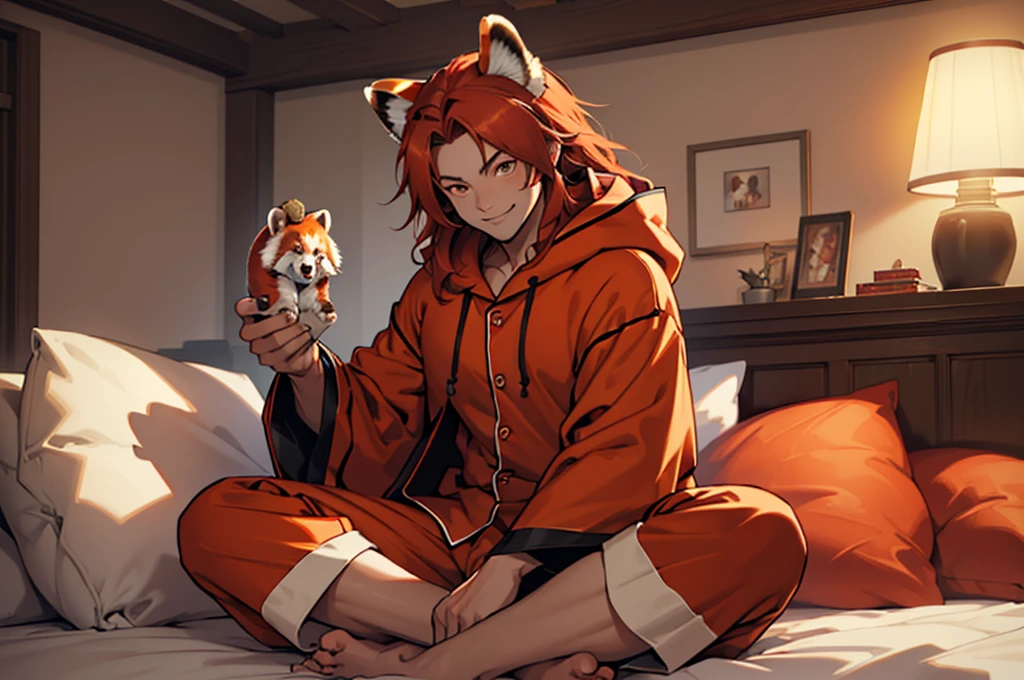 lhado eyes, perfect lighting, extensive detail, detailded, deep skin,texturized skin, ,red panda costume,red and red bear costume , long sleeves, hooded cloak,,malva , long hair, orange eyes, Fantastic smile,on top of the bed ,sitting between pillows brown hair, (animal hooded cloak, red panda ears. , fake animal ears, texturized skin, High details, high qualiy, best quality, artwork, man wearing a red panda costume ((red panda costume style pajamas), hall, red pajamas