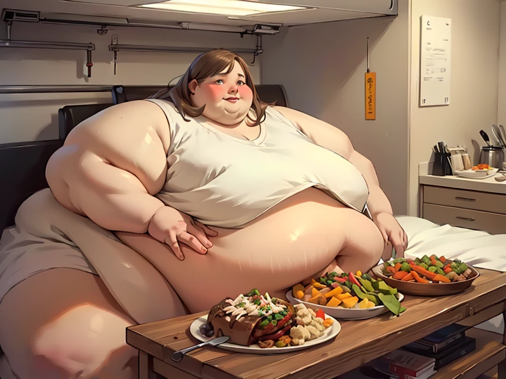 (masterpiece, detailed, realistic:1.3), young european woman, beautiful, USSBBW, (morbidly obese, fatblob:1.2), nude, ashamed, (detailed face, beautiful face), (embarrassed expression:1.2), high aesthetic, sat up in hospital bed, surrounded by food