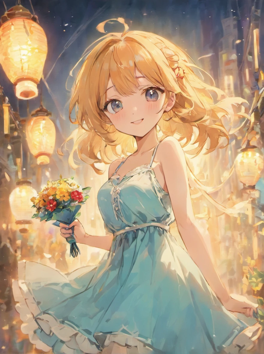 high quality、Masterpiece、Beautiful girl holding a bouquet、smile、Happy atmosphere、White Summer Dress、Camisole dress