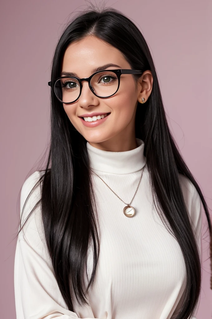 realistic portrait of a pretty white young woman with long straight black hair. She has green eyes and wears round glasses. She is smiling slightly and wears a long-sleeved white blouse with a purple turtleneck.. She is also wearing a necklace with a symbol pendant.. The background is light pink