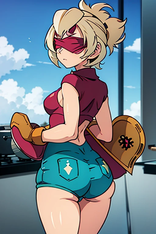 girl in booty shorts, wearing oven mittens tucked in pockets, blindfold