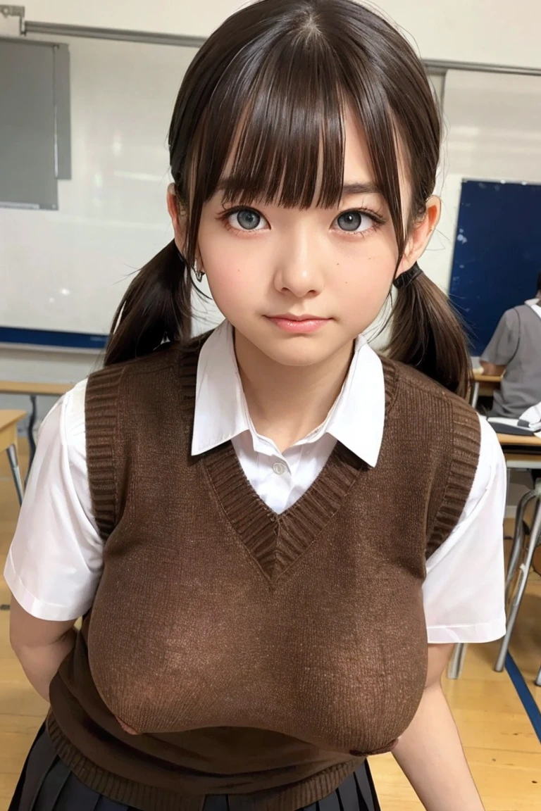 kurokoshirai, kuroko shirai, Brown Hair, Long Hair, (Parted bangs:1.5), (Brown eyes:1.7), Ringlet, Twin tails, hair bow, bow, red bow, (Super big boobs:1.5),
break armband, black skirt, collared shirt, dress shirt, pleated skirt, Safety pin, , shirt, Short sleeve, skirt, Summer clothes, Sweater vest, tokiwadai , Twin tails, white shirt, (brown Sweater vest:1.5),
break looking at viewer, , whole body,
break indoors, classroom,
break (masterpiece:1.2), highest quality, High resolution, unity 8k wallpaper, (shape:0.8), (Beautiful and beautiful eyes:1.6), Highly detailed face, Perfect lighting, Highly detailed CG, (Perfect hands, Perfect Anatomy),Embarrassed face、blush:1.3、fold your arms under your chest:1.3