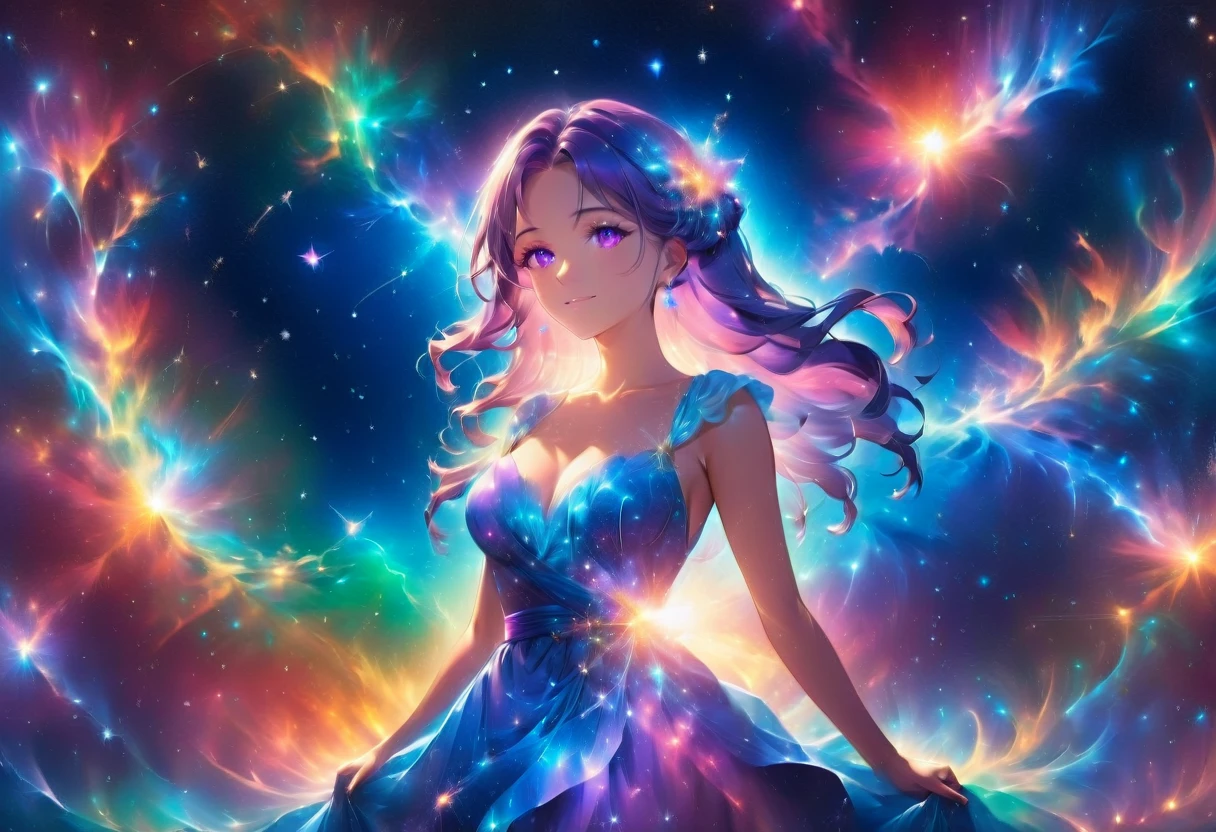 a portrait of the ((libra constellation: 1.3)) in the night sky seen by an astrologer looking at , an extraordinary beautiful woman, there is magic in her eyes divining the future from the Libra constellation, dynamic hair color, dynamic hair style, wearing an intricate lavender dress decorated with glowing stars, she looks to the night sky seeing the ((Libra constellation in the sky: 1.5)), vibrant, Ultra-high resolution, High Contrast, (masterpiece:1.5), highest quality, Best aesthetics), best details, best quality, highres, 16k, [ultra detailed], masterpiece, best quality, (extremely detailed), Cinematic Hollywood Film, magical sky, Cinematic Hollywood Film, magical sky, martius_nebula, ladyshadow