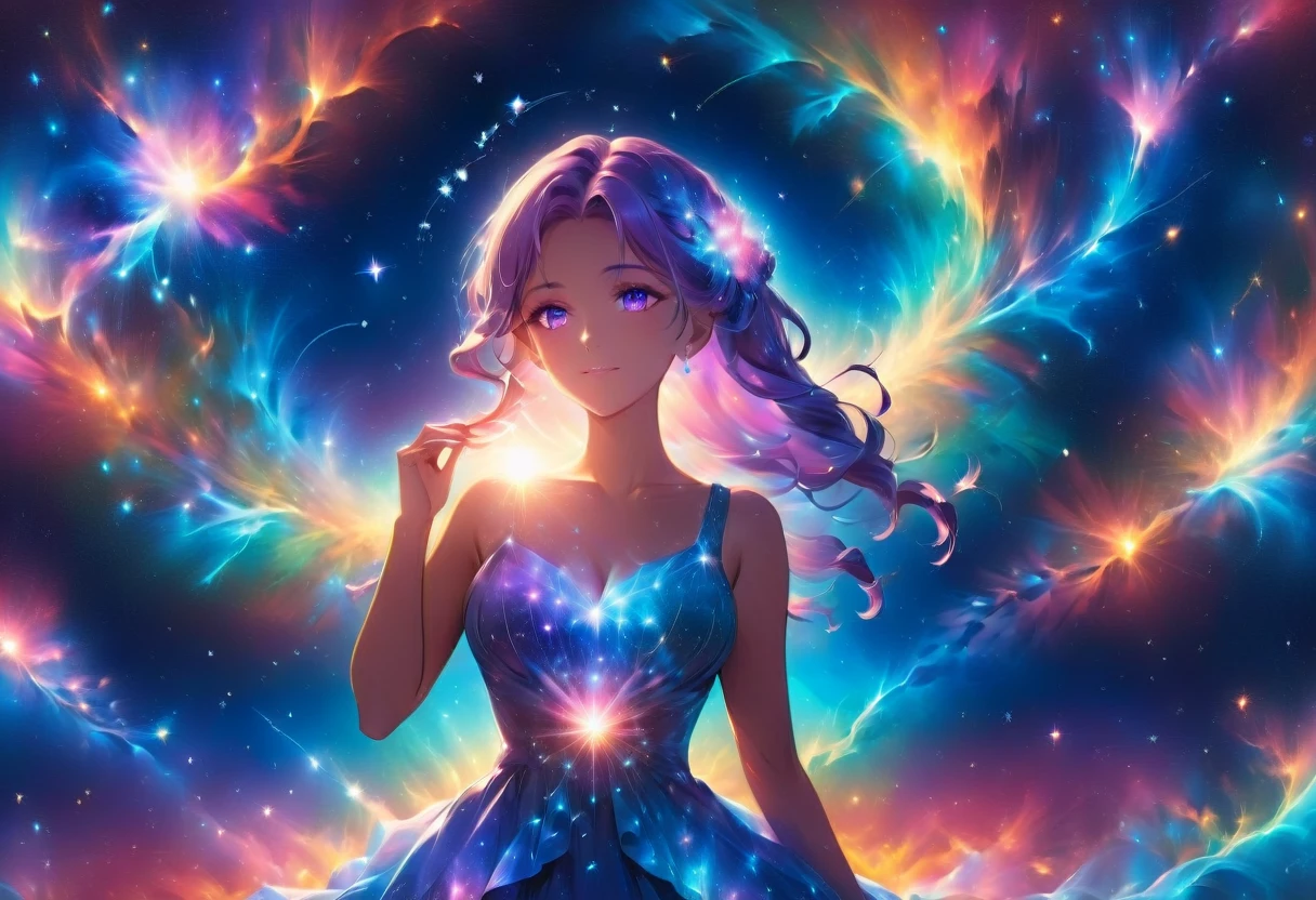 a portrait of the ((libra constellation: 1.3)) in the night sky seen by an astrologer looking at , an extraordinary beautiful woman, there is magic in her eyes divining the future from the Libra constellation, dynamic hair color, dynamic hair style, wearing an intricate lavender dress decorated with glowing stars, she looks to the night sky seeing the ((Libra constellation in the sky: 1.5)), vibrant, Ultra-high resolution, High Contrast, (masterpiece:1.5), highest quality, Best aesthetics), best details, best quality, highres, 16k, [ultra detailed], masterpiece, best quality, (extremely detailed), Cinematic Hollywood Film, magical sky, Cinematic Hollywood Film, magical sky, martius_nebula, ladyshadow
