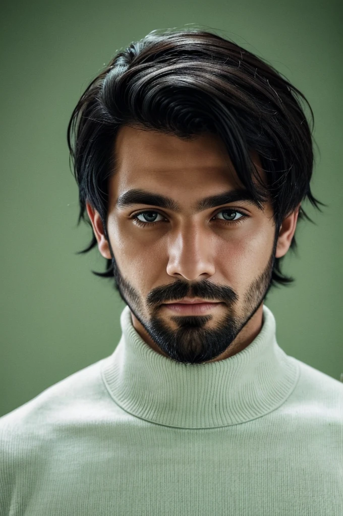 realistic portrait of a young man with shaggy black hair and a sparse beard just on his chin. He has a serious expression and is wearing a bandage on his nose.. He wears a white turtleneck and a black coat.. The background is light green with scattered black details.