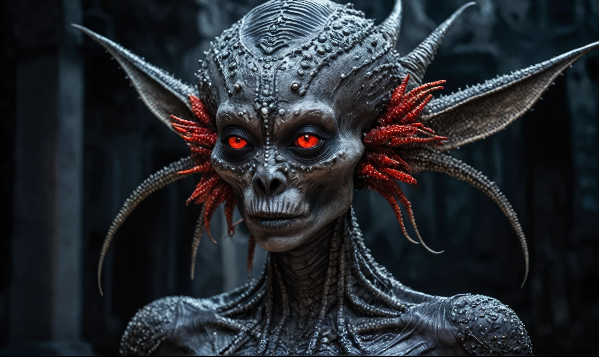 full body length shot,nerd graphite  Alien Entity,native africa slave ,nowadays azctec central city,Cinematic,soft colors, Technicolor,natural skin textures, hyper realism, hyper detailed,Extremely detailed,High contrast,Masterpiece,Realistic,Ultra Detailed, intricate details,realistic humid leather,extremely intricate details,Epic Realistic, cinematic style, irina yermolova,high contrast,hdr,extremely detailed, [deep night landscape],masterpiece, intricate details, eyes extremely detailed, high detailed eyes,8k resolution,retina, Nikon Z9,Korea,orc,Egypt, Pisces, transition between two art styles, Double contact, X-ray, Creative, vivid light, fantasy, Abstract, Surrealism, super detailed, high resolution,insanity national folk wear,skin  almost translucent, gothic elements, further emphasizing its dark air,Mestichino,Light particles,chaos,starfish's leather,Angkor Wat of Cambodia,"(The best lighting, dark, dramatic),(alien skull fetus, Hellraiser, Scars, , sexy, brain, blood, a rat inside the head, terror.),(Red eyes, calaveras). morning light.

