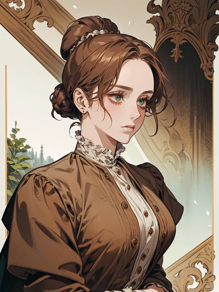 one, digital painting of a woman with her hair tied up in a bun, green eyes, young noblewoman from the 1800s , Soft Features, dark red dress, in the garden, PORTRAIT STYLE, looking away, ((crook in the nose, long aquiline nose))