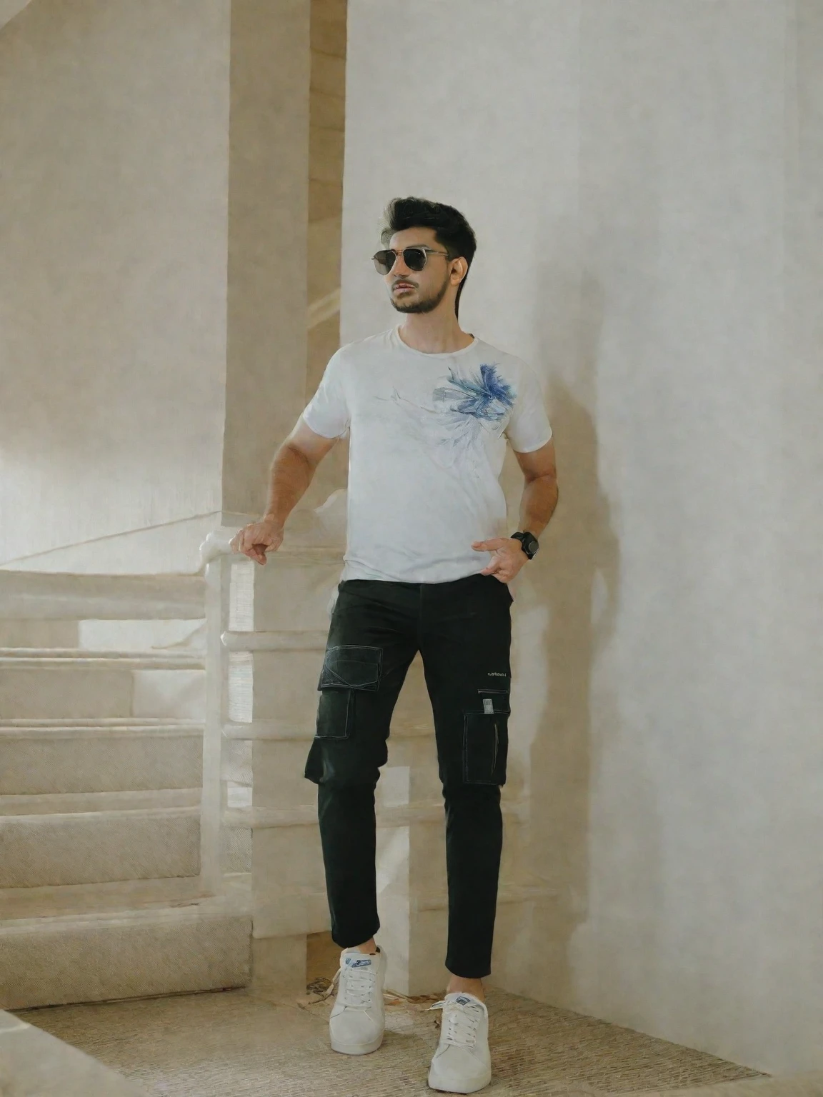 arafed man in white shirt and black pants standing on stairs, wearing pants and a t-shirt, casual photography, white shirt and jeans, wearing cargo pants, white shirt and blue jeans, man in white t - shirt, modern casual clothing, wearing casual clothes, wearing casual clothing, casual modern clothing, cinematic outfit photo, with a cool pose