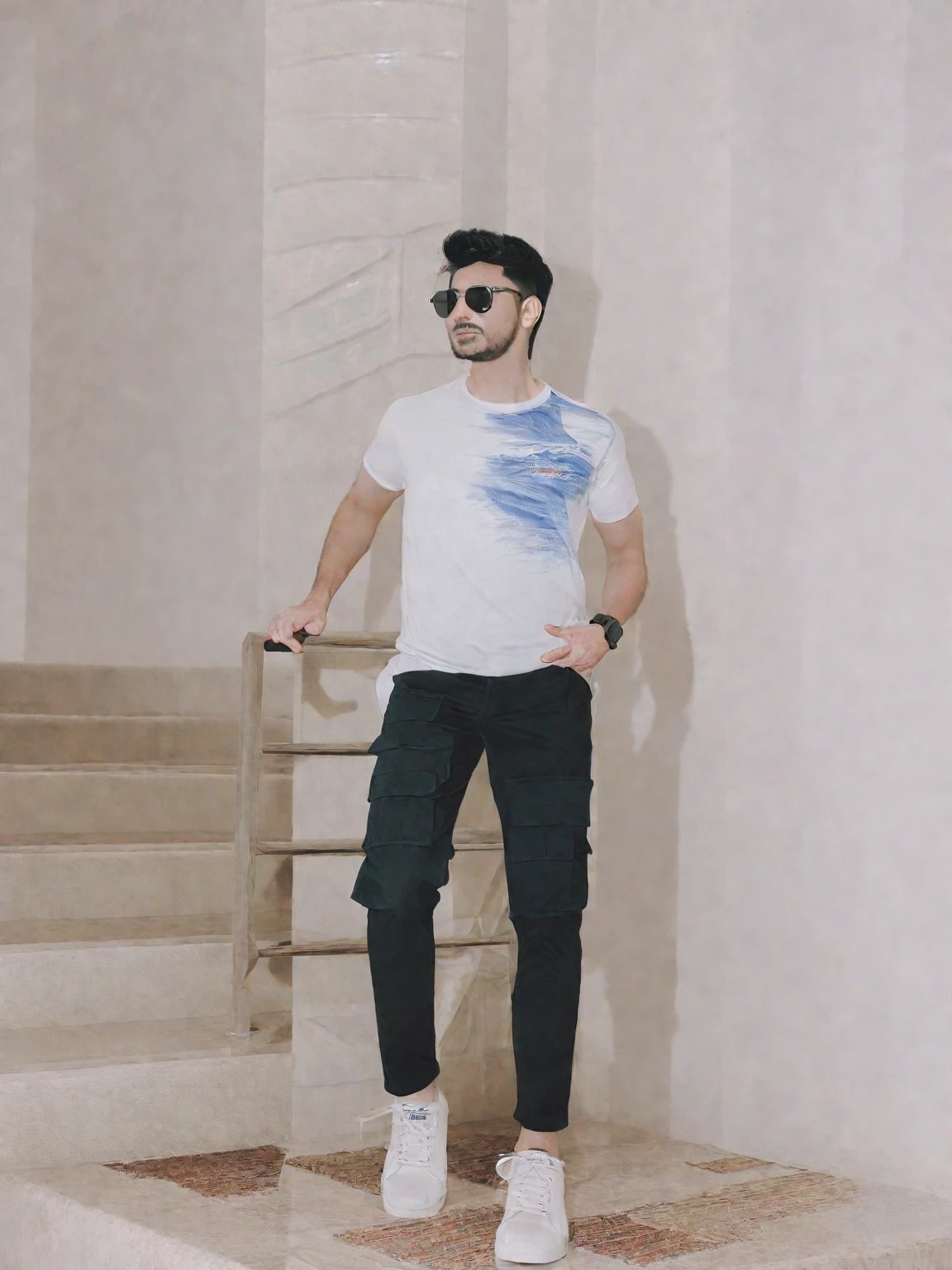 arafed man in white shirt and black pants standing on stairs, wearing pants and a t-shirt, casual photography, white shirt and jeans, wearing cargo pants, white shirt and blue jeans, man in white t - shirt, modern casual clothing, wearing casual clothes, wearing casual clothing, casual modern clothing, cinematic outfit photo, with a cool pose