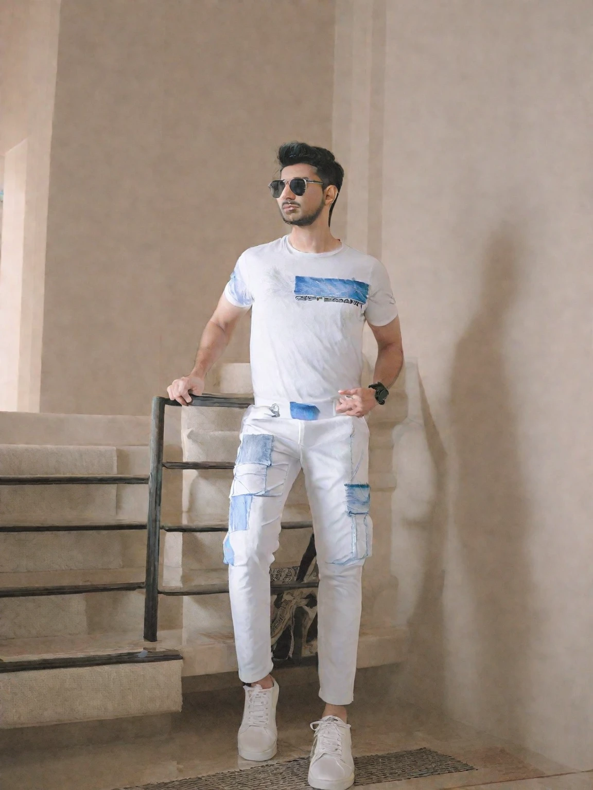 arafed man in white shirt and black pants standing on stairs, wearing pants and a t-shirt, casual photography, white shirt and jeans, wearing cargo pants, white shirt and blue jeans, man in white t - shirt, modern casual clothing, wearing casual clothes, wearing casual clothing, casual modern clothing, cinematic outfit photo, with a cool pose
