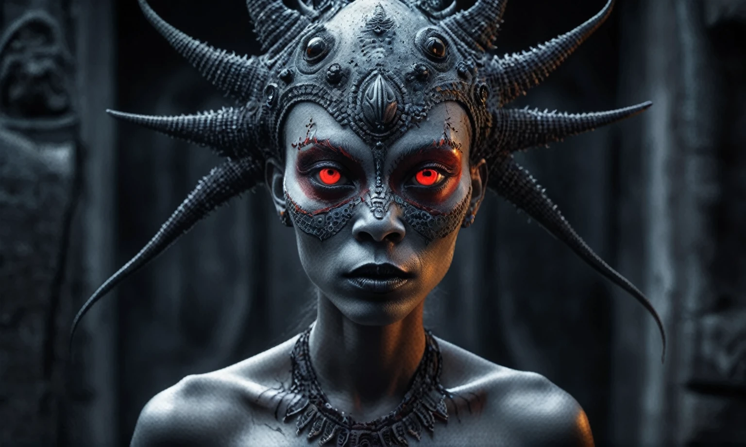 full body length shot,nerd graphite  Alien Entity,native africa slave ,nowadays azctec central city,Cinematic,soft colors, Technicolor,natural skin textures, hyper realism, hyper detailed,Extremely detailed,High contrast,Masterpiece,Realistic,Ultra Detailed, intricate details,realistic humid leather,extremely intricate details,Epic Realistic, cinematic style, irina yermolova,high contrast,hdr,extremely detailed, [deep night landscape],masterpiece, intricate details, eyes extremely detailed, high detailed eyes,8k resolution,retina, Nikon Z9,Korea,orc,Egypt, Pisces, transition between two art styles, Double contact, X-ray, Creative, vivid light, fantasy, Abstract, Surrealism, super detailed, high resolution,insanity national folk wear,skin  almost translucent, gothic elements, further emphasizing its dark air,Mestichino,Light particles,chaos,starfish's leather,Angkor Wat of Cambodia,"(The best lighting, dark, dramatic),(alien skull fetus, Hellraiser, Scars, , sexy, brain, blood, a rat inside the head, terror.),(Red eyes, calaveras). morning light.

