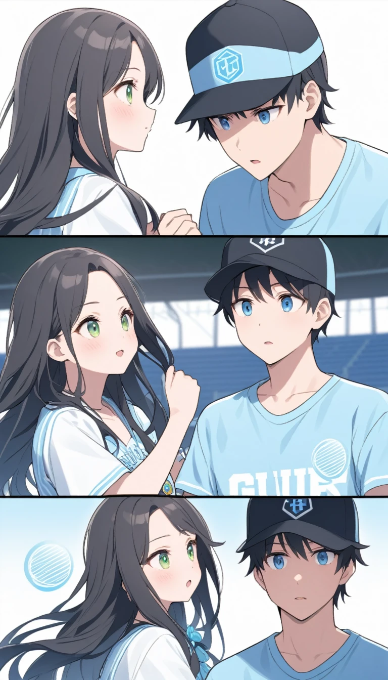 Midsummer Stadium Baseball Girl、Black Haired Girl。He is wearing a light blue baseball shirt with a summery blue and white look.、Baseball Cap、Vision、Visionのスタジアム、